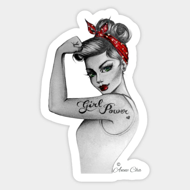 Girl Power by Anne Cha Pin up Modern Rosie the Riveter Sticker by annechaart